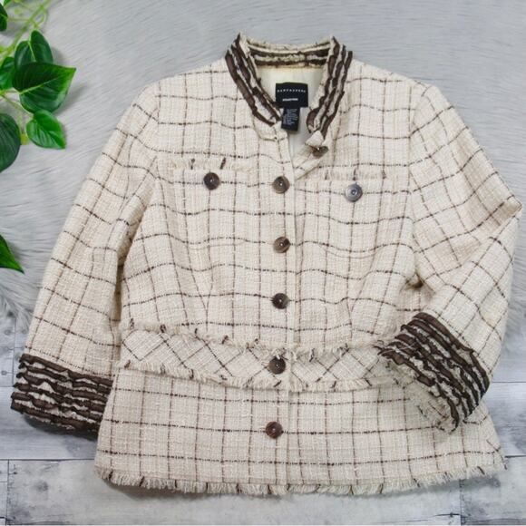 DONCASTER Ruffle Fringe Tweed Jacket Cotton Linen Blend Women’s Size 12 - Picture 2 of 13